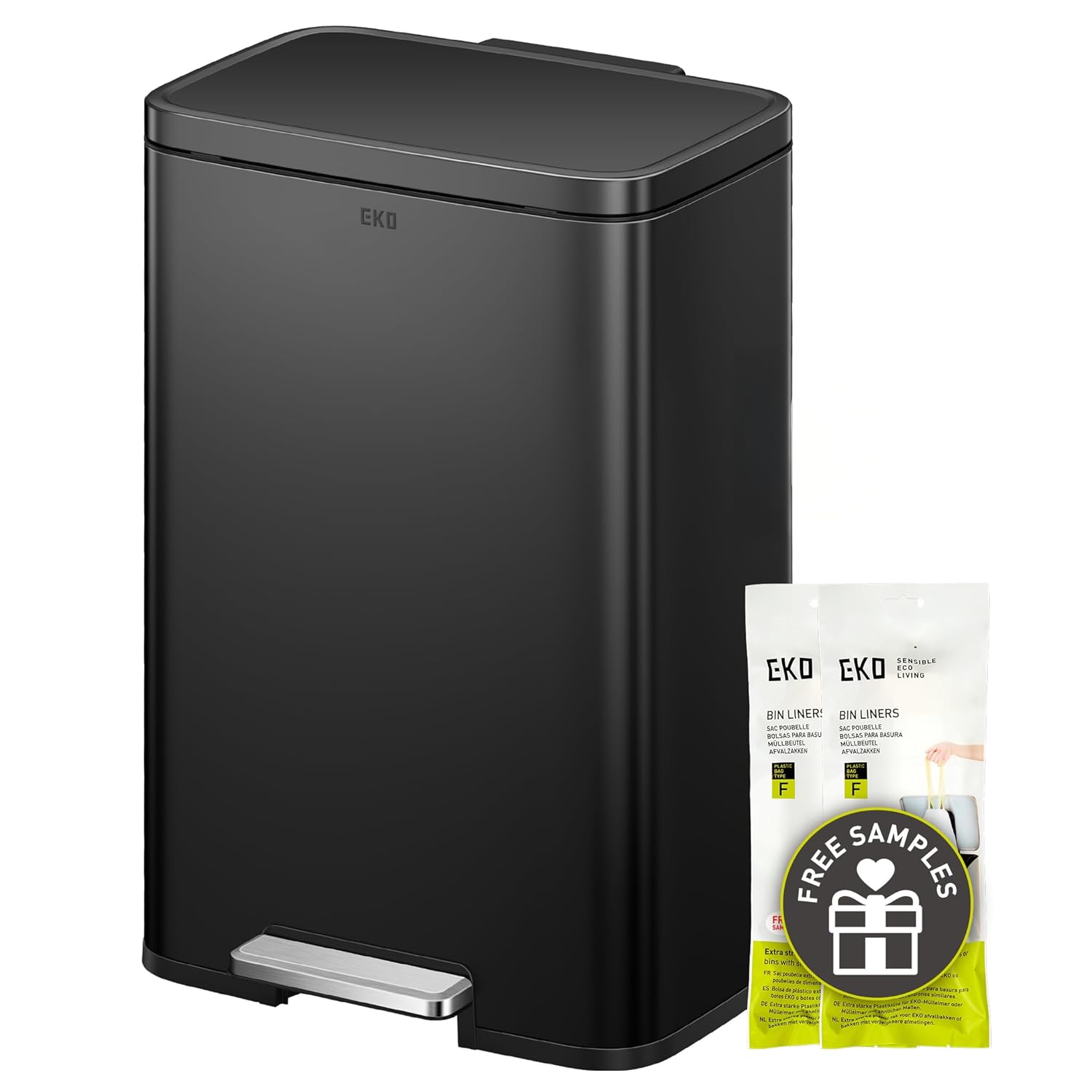 EKO Madison Matte Black 50 Liter/13.2 Gallon Step Trash Can with Inner Liner - Fingerprint Resistant Finish 50L Matte Black