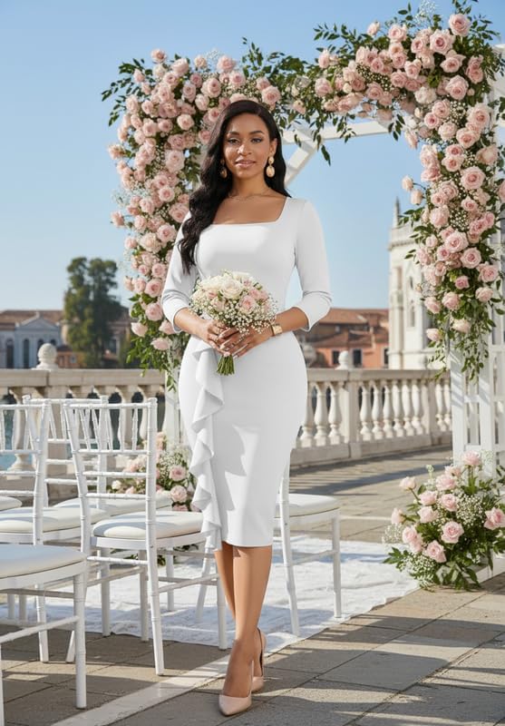 Womens Work Dresses Elegant Square Neck 3/4 Sleeve High Waist Bodycon Ruffle Vintage Church Pencil Midi Dress - Image 2