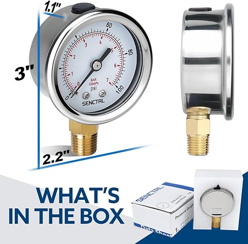 Miniatura 6 de SENCTRL Manómetro sin plomo de 100 psi, esfera de 2 pulgadas, montaje inferior 1/4 NPT, impermeable, caja de acero inoxidable, para tanque de agua