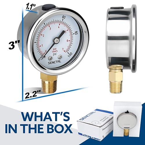 Miniatura 6 de SENCTRL Medidor de presión de 0-100 psi, tamaño de dial de 2 pulgadas, montaje inferior 14 NPT, antivaho, impermeable, caja de acero inoxidable,