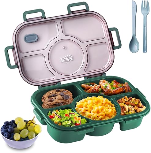 Tarlini - Caja Bento verde para adultos, contenedor de 5 compartimentos con separadores para comidas equilibradas, caja Bento japonesa segura para
