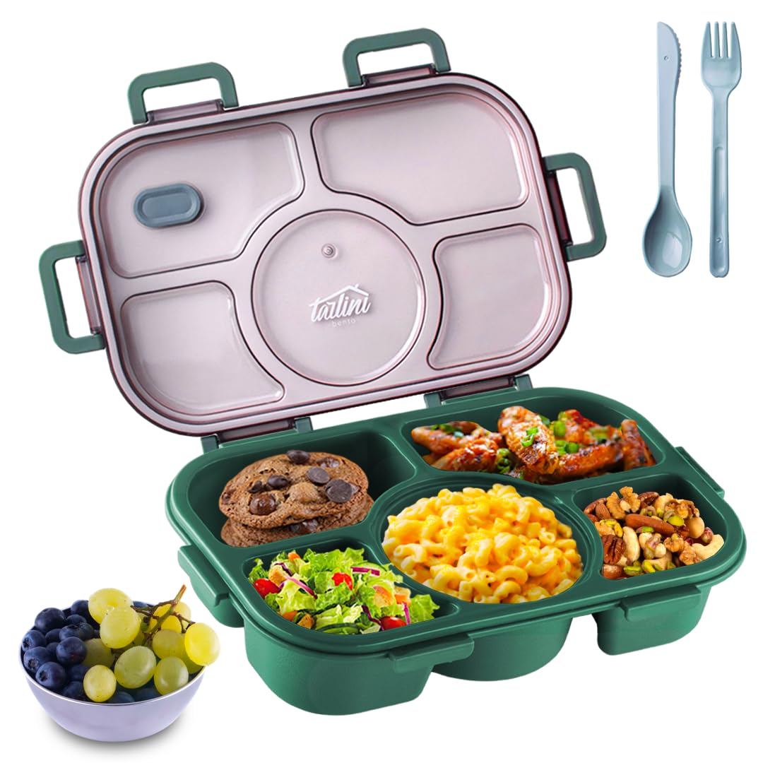 Tarlini | Green Bento Box for Adults, 5-Compartment Container with Dividers for Balanced Meals, Japanese Food-Safe Adult Bento Box, Leakproof Lunch Boxes with Compartments for Work & On-The-Go - 50 OZ