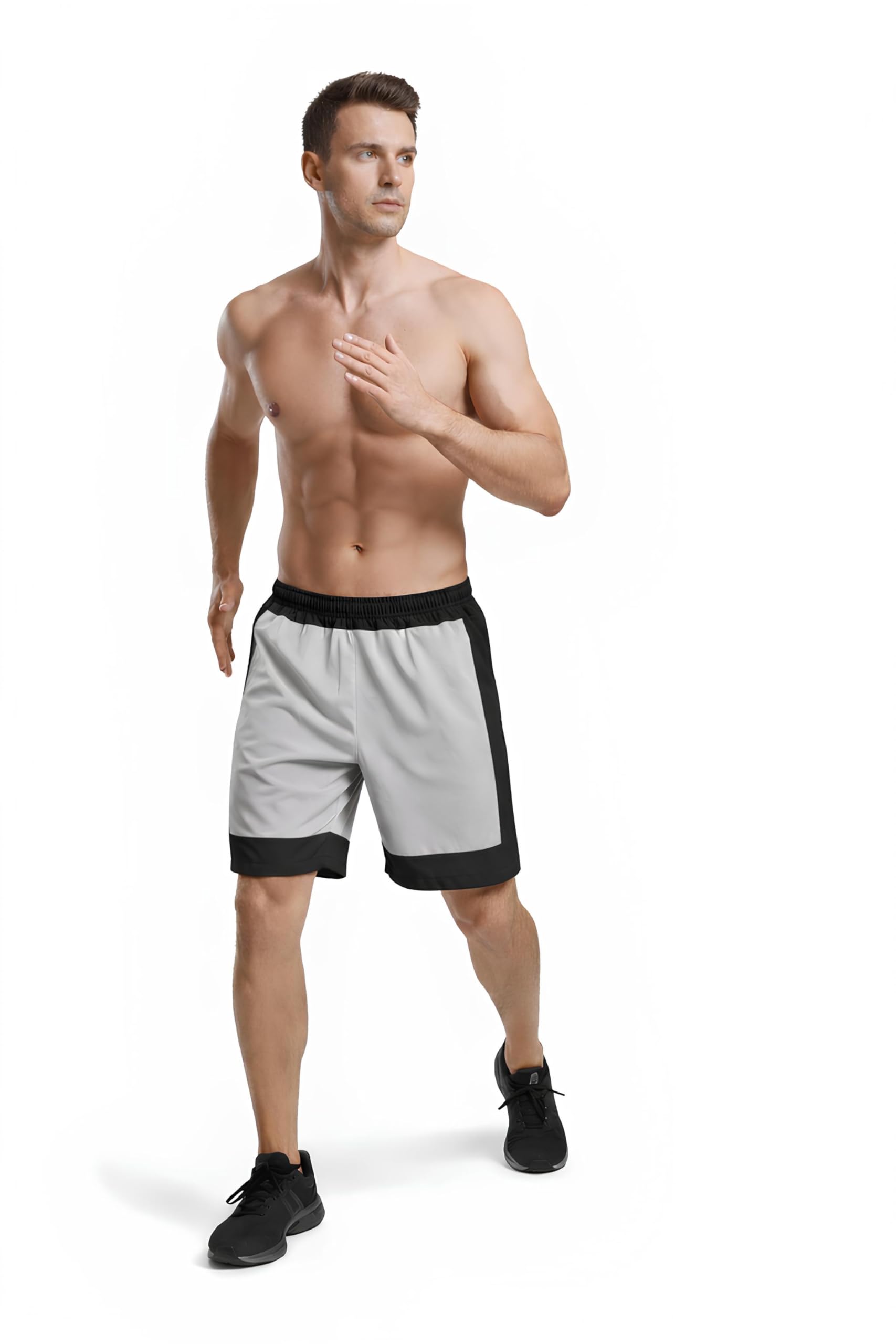 sector z Men's Athletic Shorts, Black and Grey Color Block Sports Shorts with Elastic Waistband-picture-14