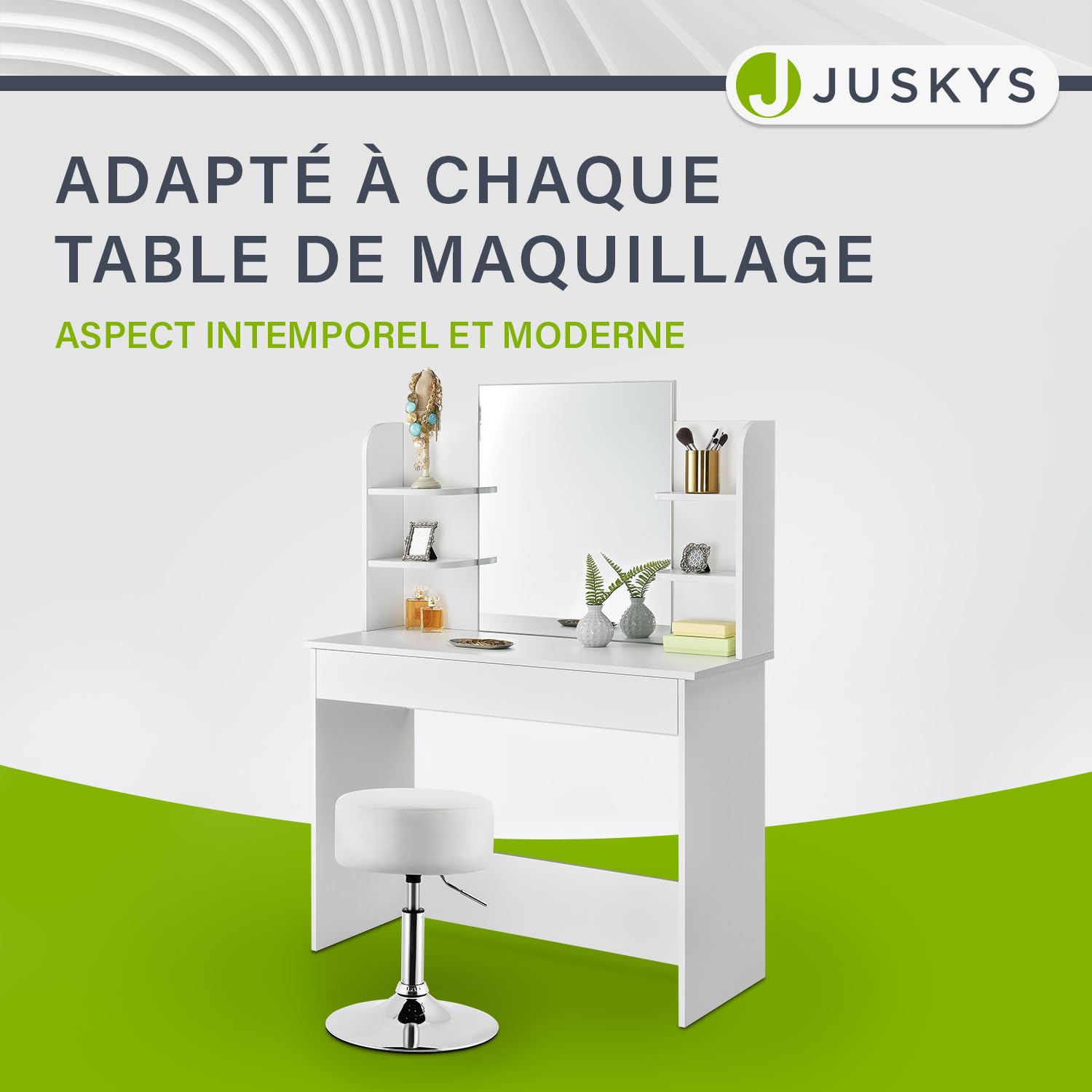 Juskys Tabouret de Coiffeuse Tonia, réglable en Hauteur de 49 à 64 cm, Ergonomique, Rond de 33 cm, Tabouret rembourré avec revêtement en Simili Cuir Blanc
