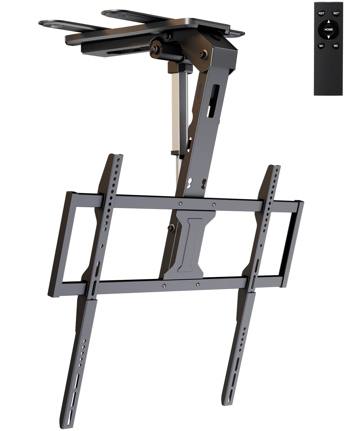 Supporto TV da Soffitto Elettrico per TV 37-86 Pollici, Staffa TV Motorizzata Pieghevole e Inclinabile con Telecomando, Portata 45 kg, Piastre di Estensione VESA, Nero