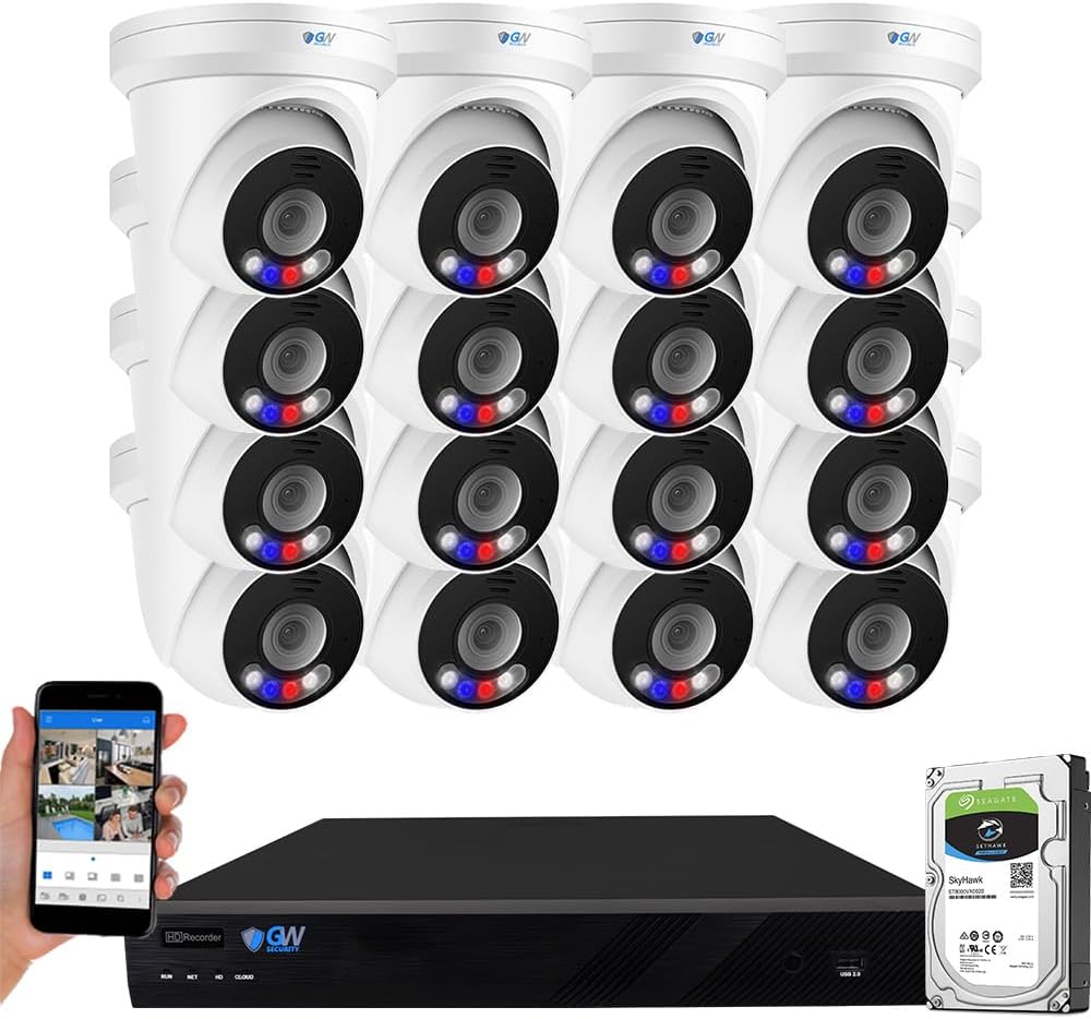 GW Security 32 Channel NVR UltraHD 12MP 4K @30FPS Face/Human/Vehicle Detection PoE Security Camera System with 16 x 12MP (4512x2512) IP Microphone Outdoor & Indoor AI Dome Cameras, Color Night Vision