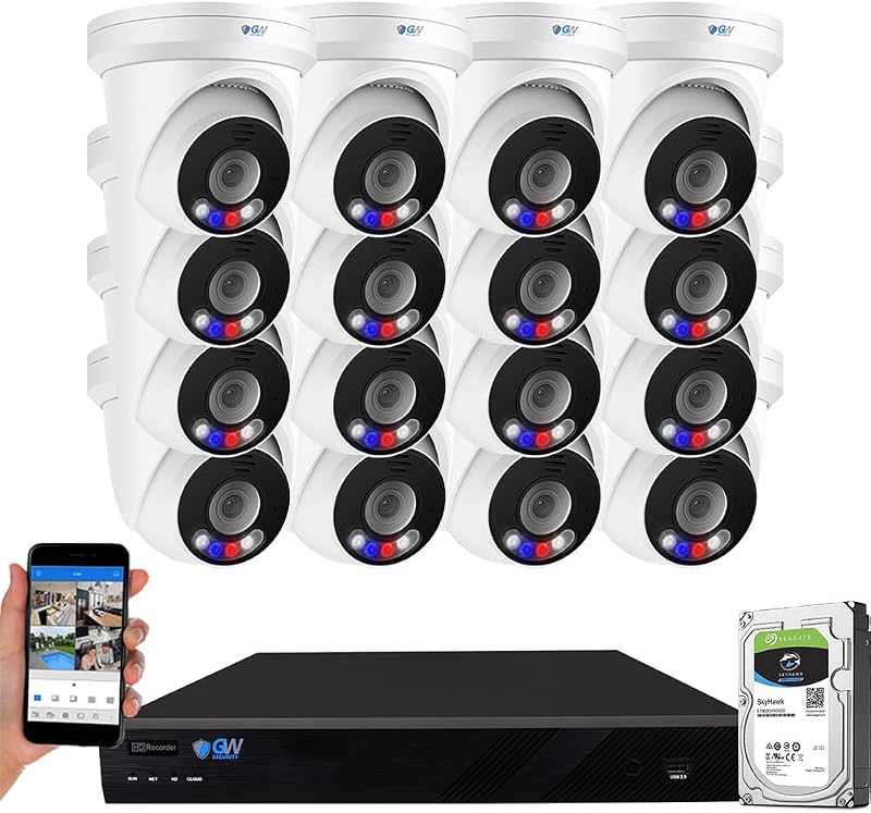 GW Security 32 Channel NVR UltraHD 12MP 4K @30FPS Face/Human/Vehicle Detection PoE Security Camera System with 16 x 12MP (4512x2512) IP Microphone Outdoor & Indoor AI Dome Cameras, Color Night Vision