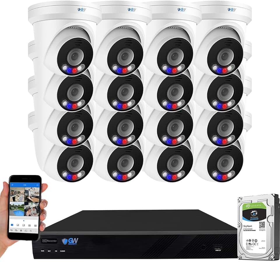 GW Security 32 Channel NVR UltraHD 12MP 4K @30FPS Face/Human/Vehicle Detection PoE Security Camera System with 16 x 12MP (4512x2512) IP Microphone Outdoor & Indoor AI Dome Cameras, Color Night Vision