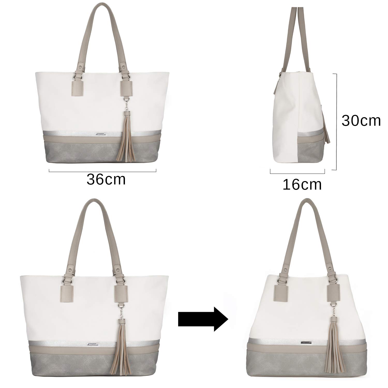 David Jones - Damska Duża Torba na Zakupy - Torba na Ramię Skóra PU Canvas Wodoodporna - Torebka Długie Uchwyt - Tote Bag Shopper - Pracy Szkolny Kobiet - Biały