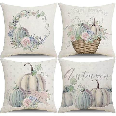 GLUDEAR Fall Pillow Covers 18x18 Set of 4 Polka Dots Pumpkin Floral Outdoor Autumn Pillows Decorative Throw Pillows Farmhouse Grateful Thanksgiving Linen Decorations Cushion Case for Sofa Couch Cover