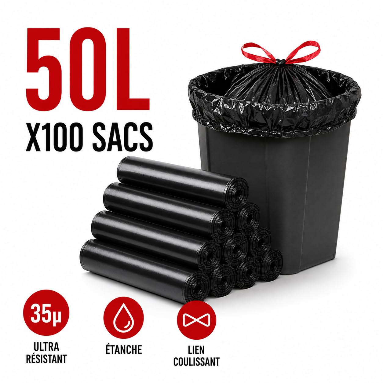 Bolsa de basura de 50 l, enlace deslizante | 100 bolsas de basura negras | ultra resistente e impermeable (35 µ) | Papelera de cocina | Cierre fácil | Anti fugas | Solución práctica e higiénica