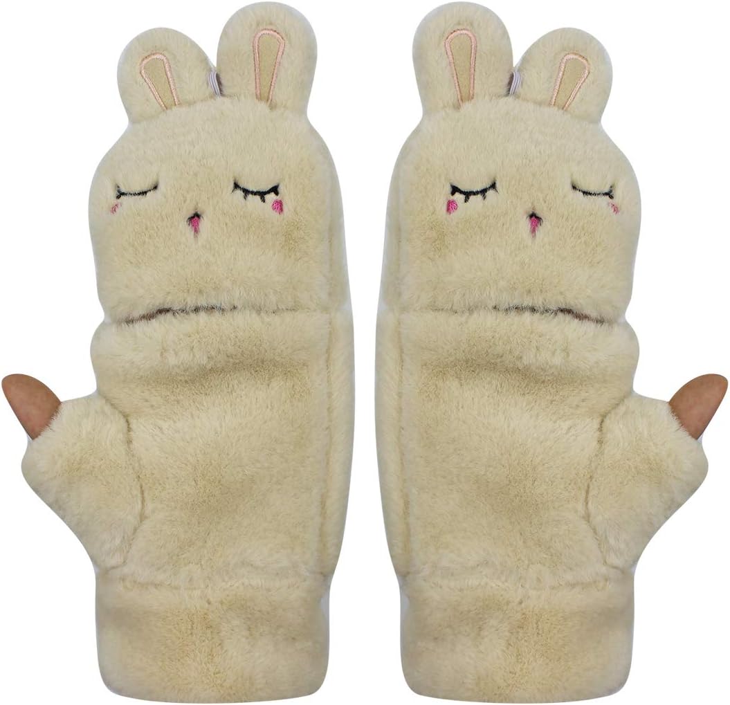 [ＡＬＴＩＴＡＢ] 女性ガールズ暖かいフェイクファーコンバーチブルフリップトップ手袋かわいいぬいぐるみ猫パンダ指なしタッチスクリーン