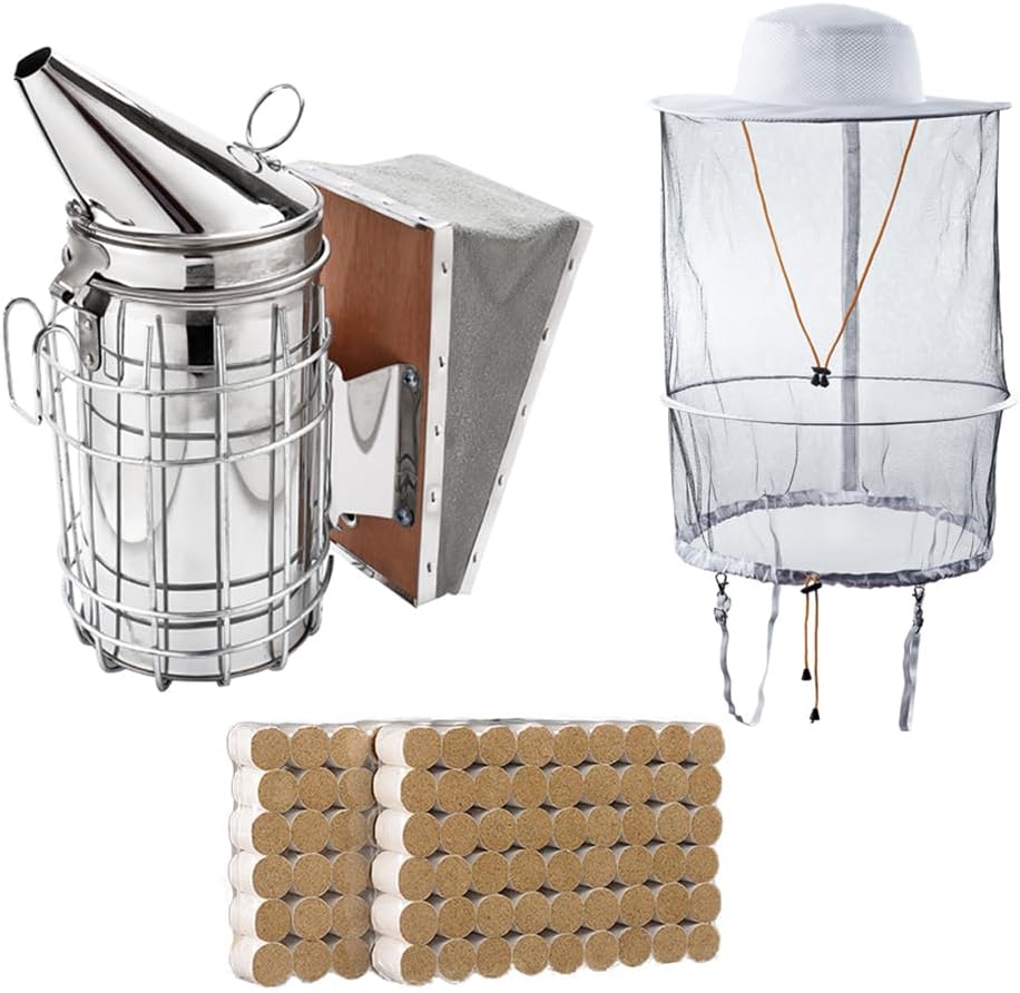 3 Pcs Bee Hive Smoker Suit Beekeeping Tool Kit Beekeeping Supplies for Beekeeper Necessary Includes Bee Hive Smoker, Beekeeper Hat,138 PCS Natural Smoker Pellets
