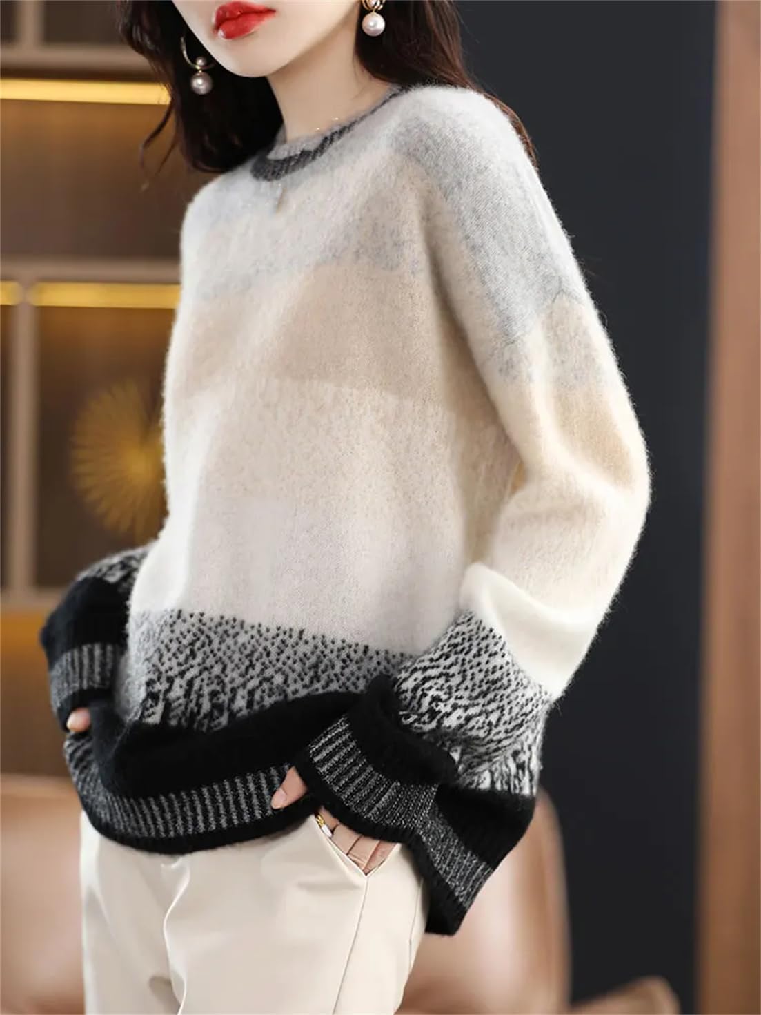 Maglione da Donna in Lana di Cashmere Tinta Unita, Maglione con Scollo A O, Top Casual con Blocchi di Colore Sfumati