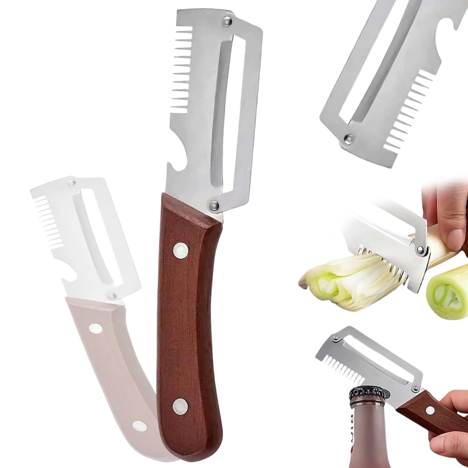 Amazon | ネギスライサーと栓抜き付きの3in1多機能野菜皮むき器、木製