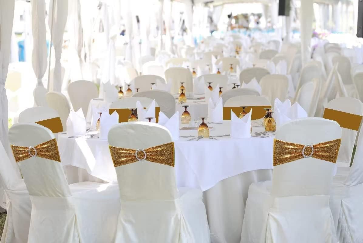 Sequined Chair Sashes - Glittering Sequins, Stretch Spandex & Polyester Bands for Party, Wedding, Birthday, Hotel, Banquet, Baby Shower Decorations (Gold, 50 PCS)