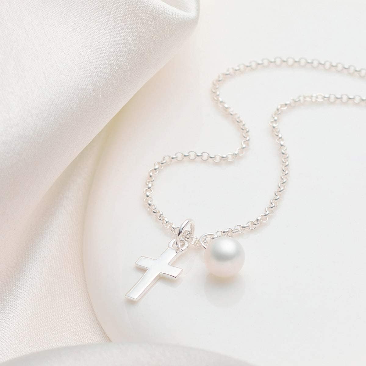 Molly B London 925 Sterling Silver My First Pearl Cross Necklace – Adjustable Children’s Jewelry for First Communion, Baptism, Quinceañera, Flower Girl & Bridesmaid Gift - Adjustable Jewelry