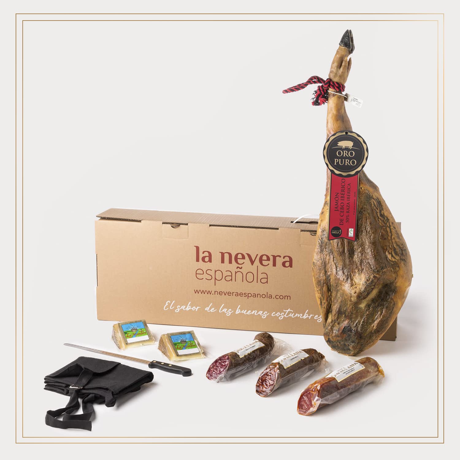 La Nevera Española - Lote Ibérico de Jamón Oro Puro, Chorizo, Lomo, Salchichón y 2 Cuñas de Queso de Oveja - Productos Nacionales - Delantal de Regalo