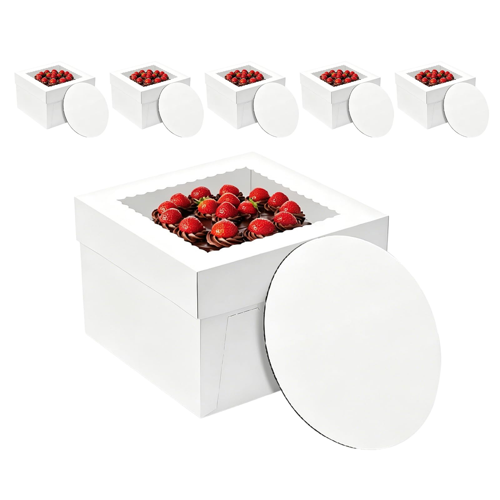 Hniuyun White 6 Pack 12 Inch Cardboard Cake Boxes With Boards And Clear Lids, For Bakery, Cookies, Pies, Cupcakes, Pastries (12×12×8 Inches)