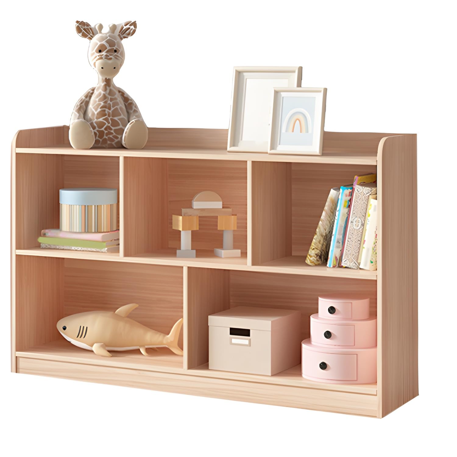 LITFAD Freestanding Kids Bookshelf Nordic Home Kids Storage Cubby Solid Wood Cubby Storage Bookcase Kindergarten Storage Cabinet Modern Display Shelf