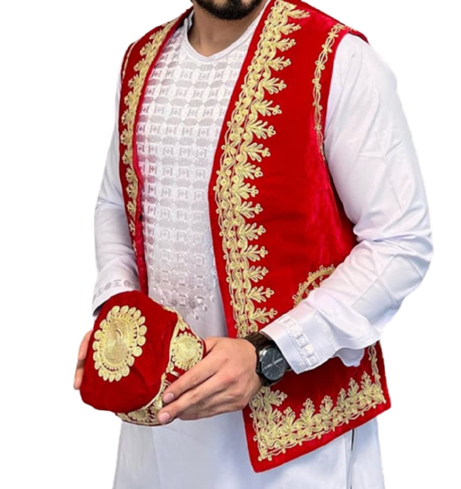 Afghan Men Dress Handmade Traditional Men Peran o Tumban Afghan Clothes Pashtun Men Dress Afghan Dress Afghan Clothes Men Dress with Vest and Cap White Clothing, Shoes & Accessories