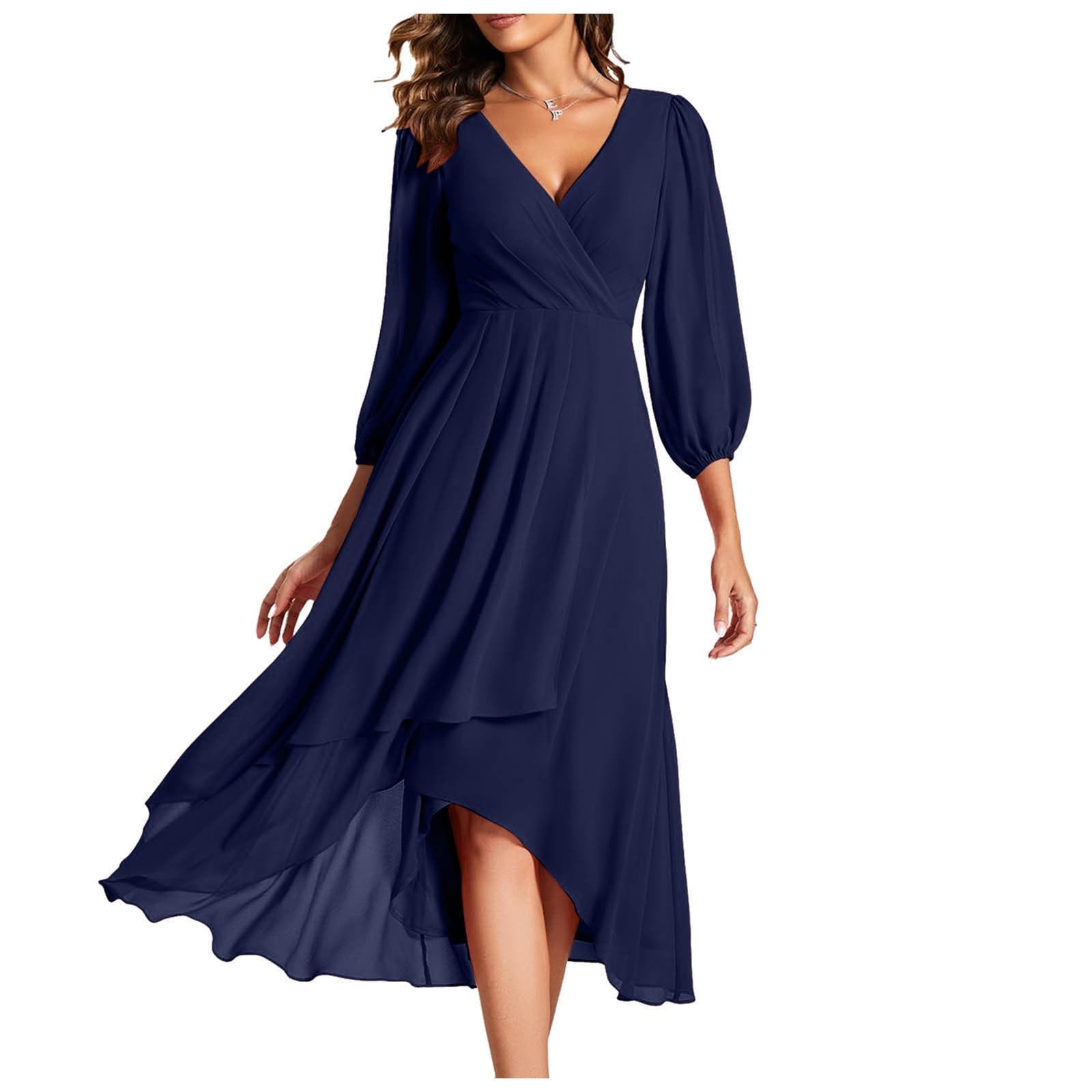 Sommerkleid Damen Damen-Chiffon-Frühlingskleid mit V-Ausschnitt Langen Ärmeln, plissiert, A-Linie, Midi-Länge, für Hochzeitsgäste (Dark Blue, XL)