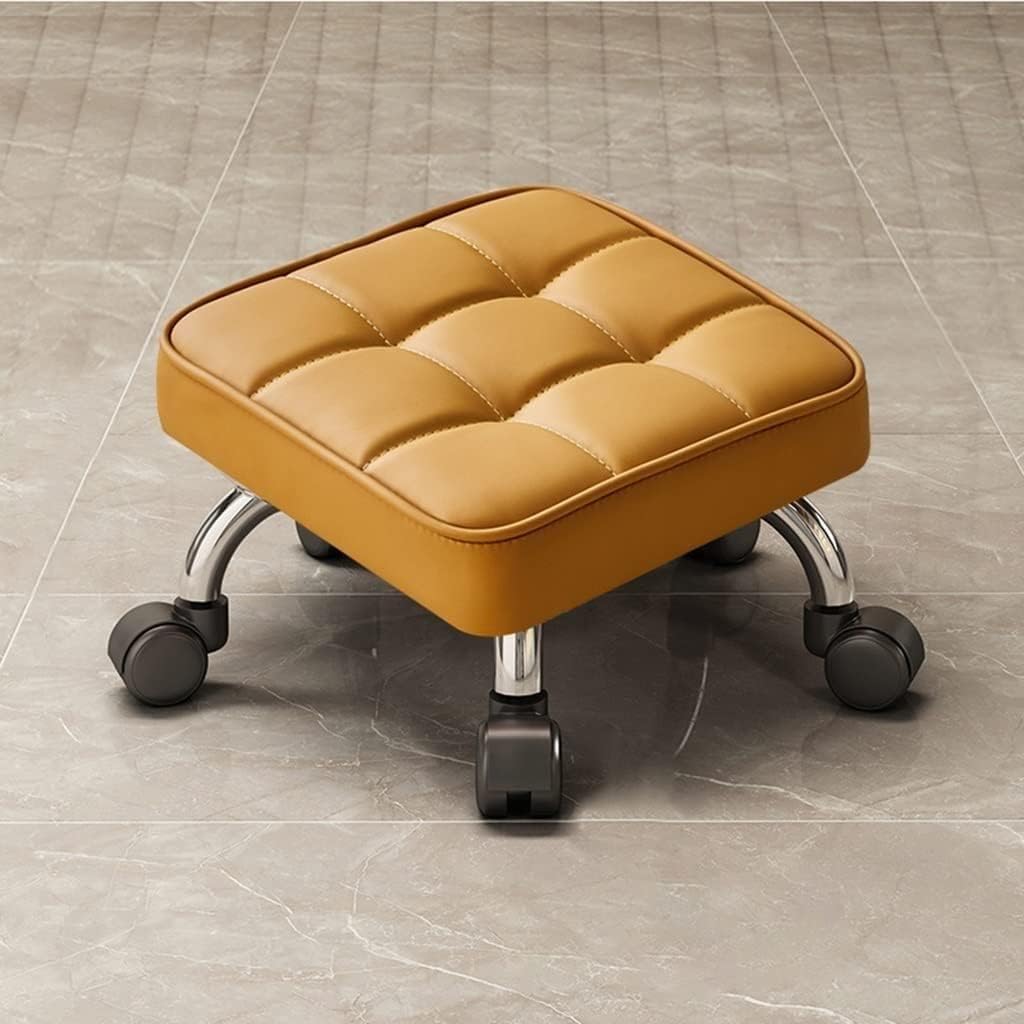 Roller seat low stool,round stool with wheels With Universal Swivel Caster Wheels Leather Low Small Stools, Garage Shop Roller Upholstered Seats (Color : Khaki, Size : 33 * 33 * 33cm) ( Color : Oranje