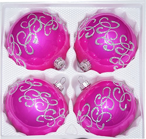4 tlg. Glas-Weihnachtskugeln Set 12cm Ø in Hochglanz-Pink-Silberne-Ornamente - Neuheit - Christbaumkugeln - Weihnachtsschmuck-Christbaumschmuck 12cm Durchmesser