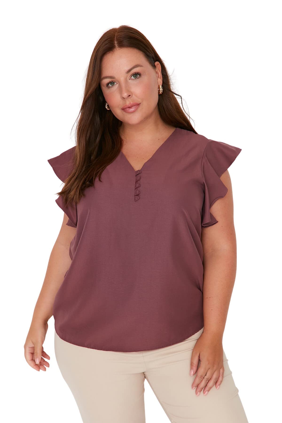Trendyol Mujeres Plus Size Regular Estándar Cuello en V Tejido Plus Talla Blusa