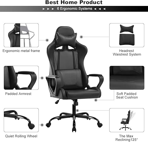 Miniatura 4 de Silla de juegos de respaldo alto, silla de computadora para adultos, adolescentes y niños, silla ergonómica de piel sintética con reposacabezas de