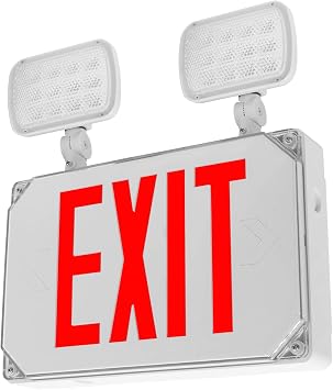 LFI Lights Wet Location Rated Combo Exit Sign with Emergency Lights, Outdoor UL 924 Listed, Red LED, White, 120/277VAC Hardwired with Battery Backup, Optional Double Face and Knock Out Arrows, WLFCOMBORWBB