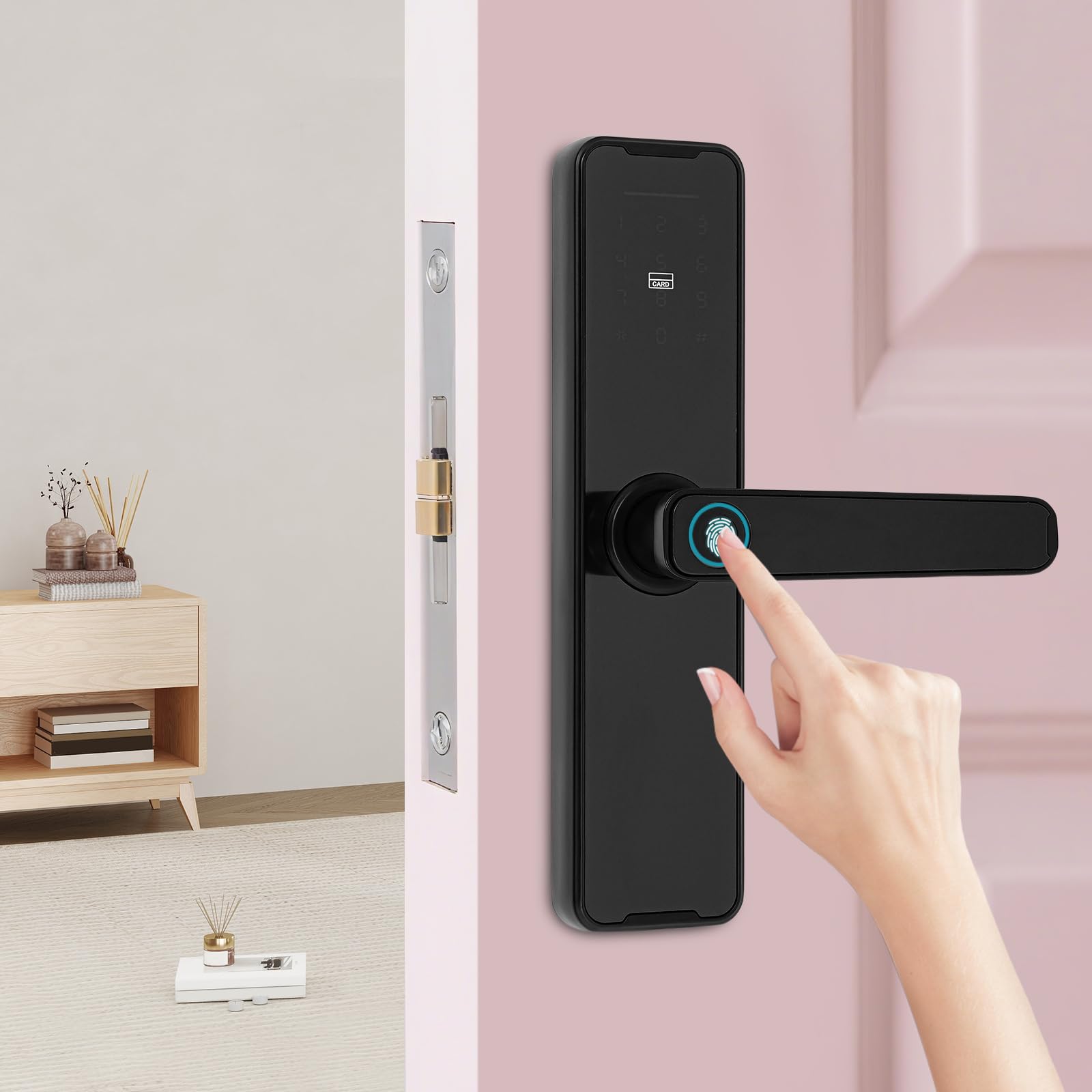 Intelligentes Türschloss,5-in-1 Elektronisches Türschloss mit Fingerprint + Code + Schlüssel + Karte + temporäres Passwort,App-Steuerung Smart Riegelschloss für Haustür 35-50mm (schwarz)
