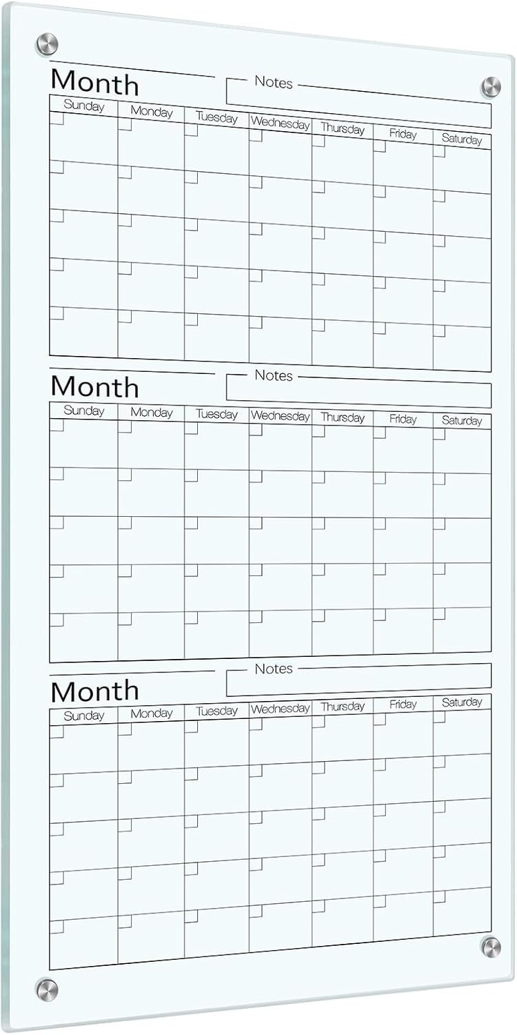 Glass Whiteboard Calendar 36 x 18 3 Month Dry Erase Calendar White Board Planner Glass Large Wall Mounted with Marker Tray for Wall Home Office 3 Month 21"W x 1.8"H