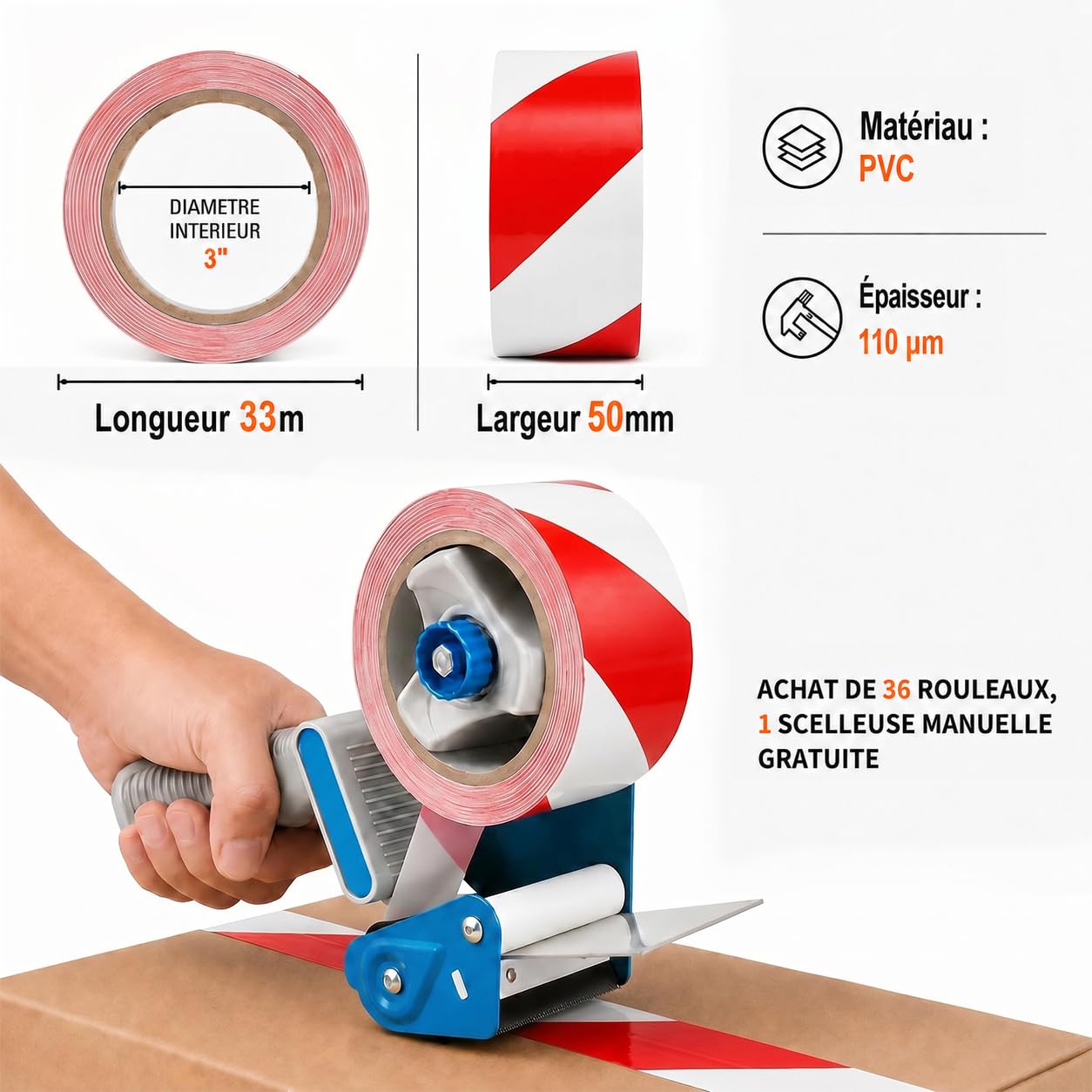 Ruban Signalisation Rouge Blanc PVC 50 mm x 33 m, Lot de 18 | Ruban rouge blanc pour signalisation d'interdiction et zones fermées. Parfait pour travaux et accès restreints