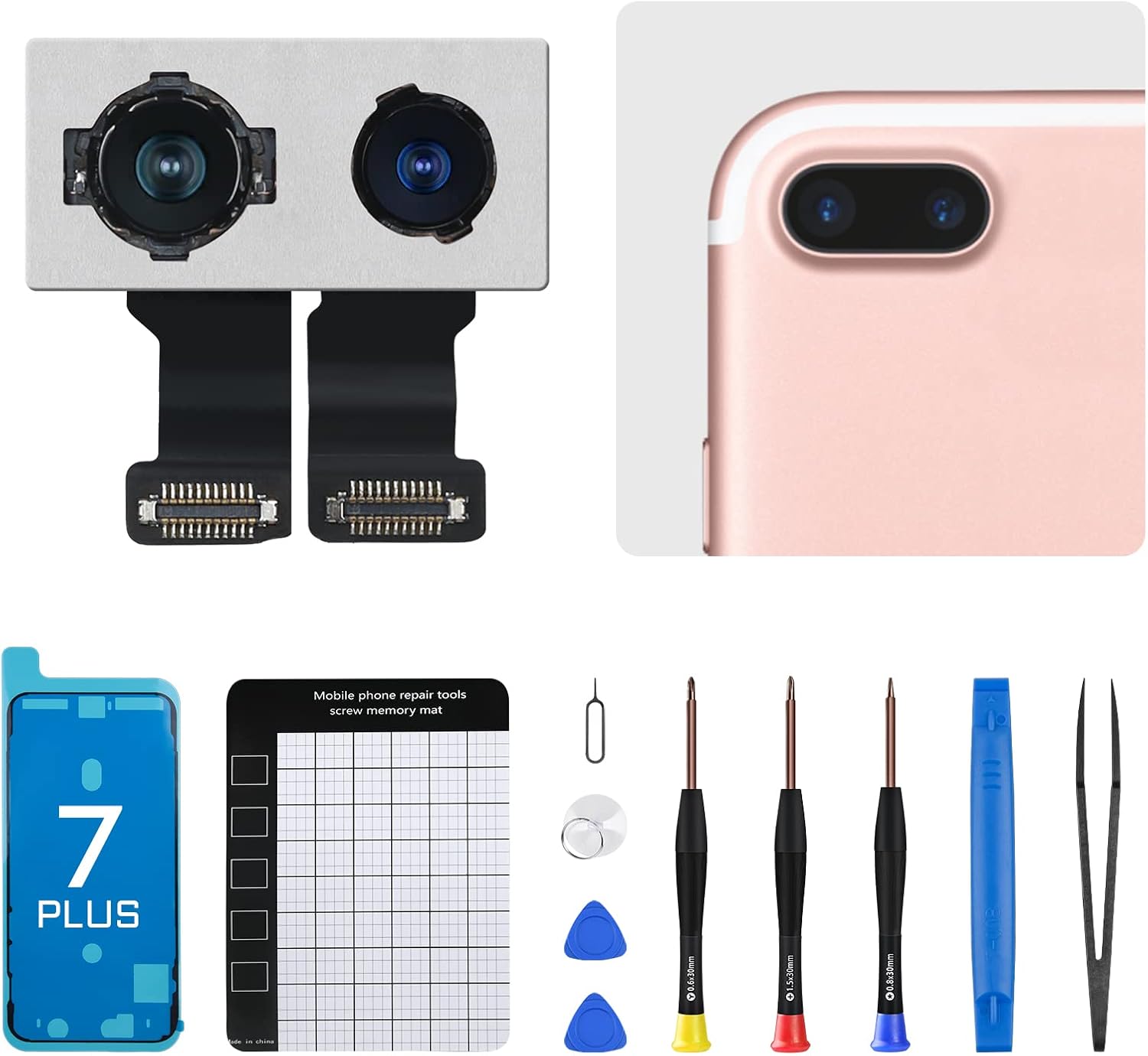 for iPhone 7 Plus Back Camera Replacement OEM Module 12MP Main Rear Lens Parts 7plus 5.5" with Wide Telephoto Lens OIS HDR Photos 4K Video Fix Repair Assemble Tools Kit for A1661 A1784 A1785