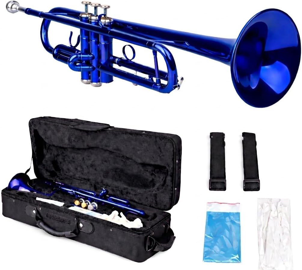 Bb Trumpet Set for Students and Beginners, Standard Brass Trumpet with Hard Case, 7C Mouthpiece, Gloves, Cleaning Cloth, Blue