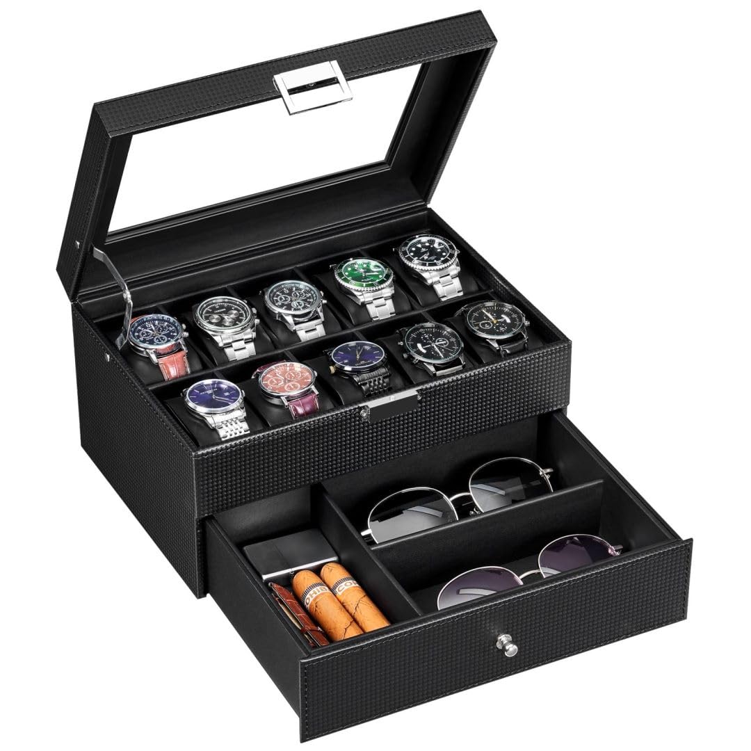 BEWISHOME Watch Box Organizer with Valet Drawer - Real Glass Top, Metal Hinge, Large Holder, Black Carbon Fiber Faux Leather - 10 Slots Watch Storage Case Jewelry Box for Men SSH14C (B07S9XGXGV) Amazon Price History, Amazon Price Tracker