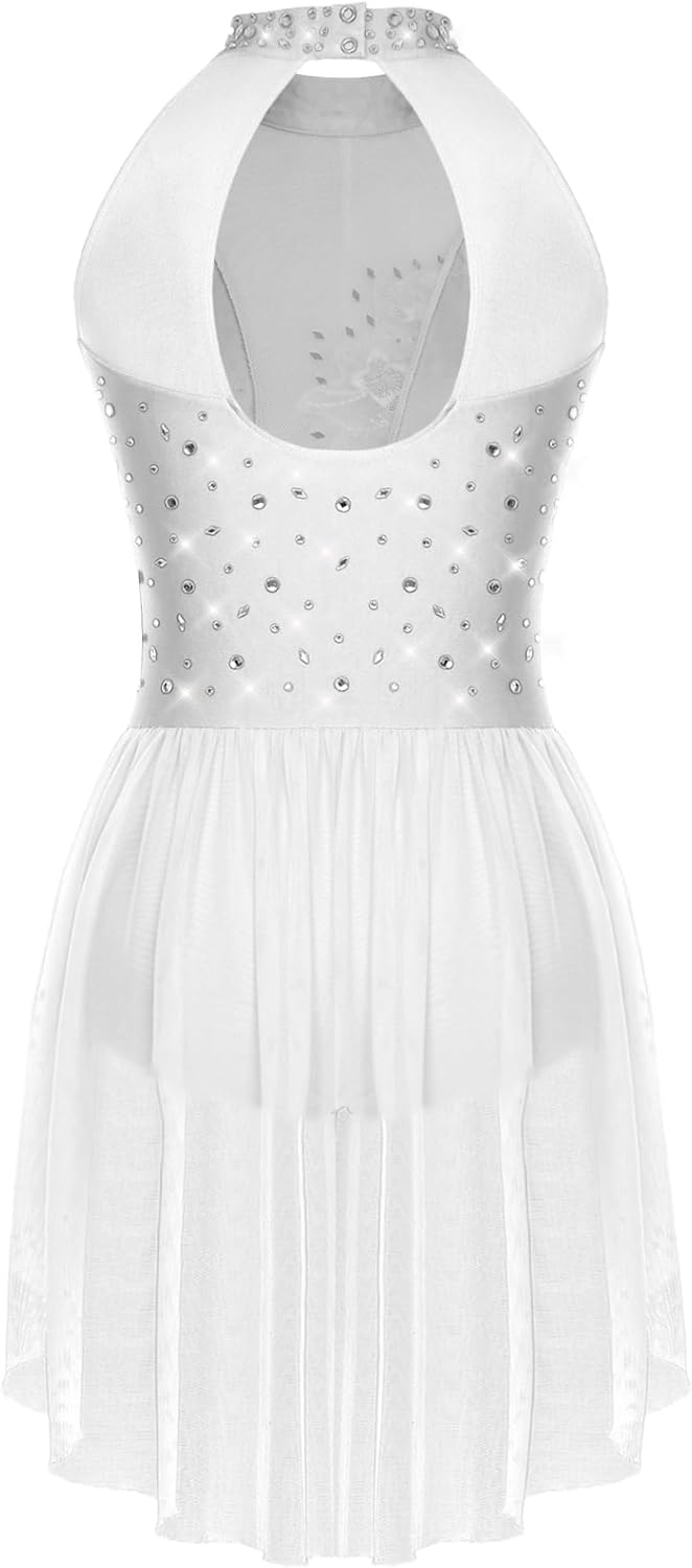 Vxuxlje Womens Applique Latin Dance Dress Sleeveless Mesh Skirted Leotard Figure Skating Dance Costume