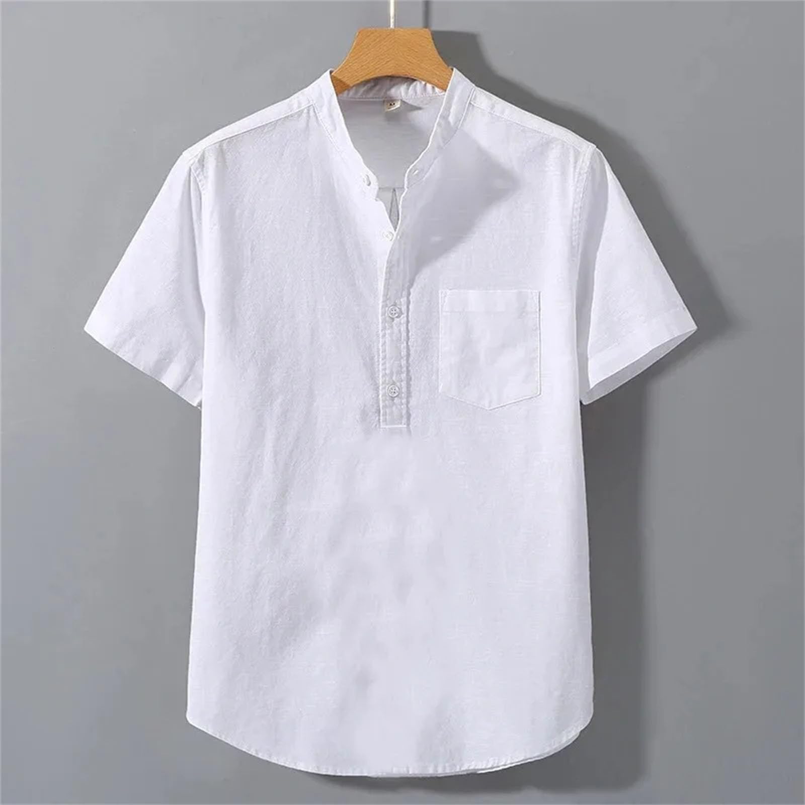 Camisa de algodón de manga corta con cuello alto para hombre, color liso, transpirable, holgada, básica, con bolsillos, estilo casual