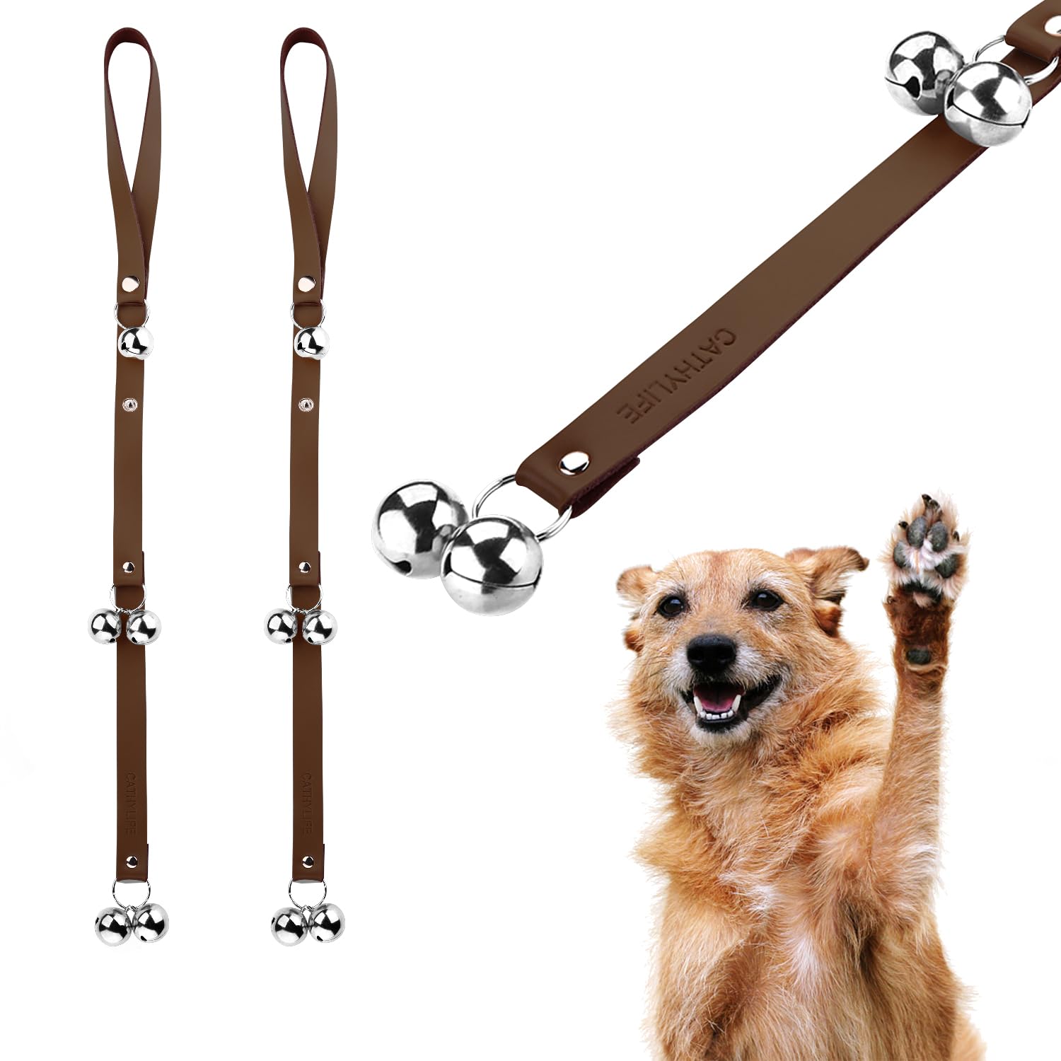 CATHYLIFE Leather Dog Doorbells for Door Knob/Potty Training/Go Outside, Length Adjustment Copper Dog Bell, Housetraining Hanging Bell, Dark Brown Leather Silver Bells - 2 Pack