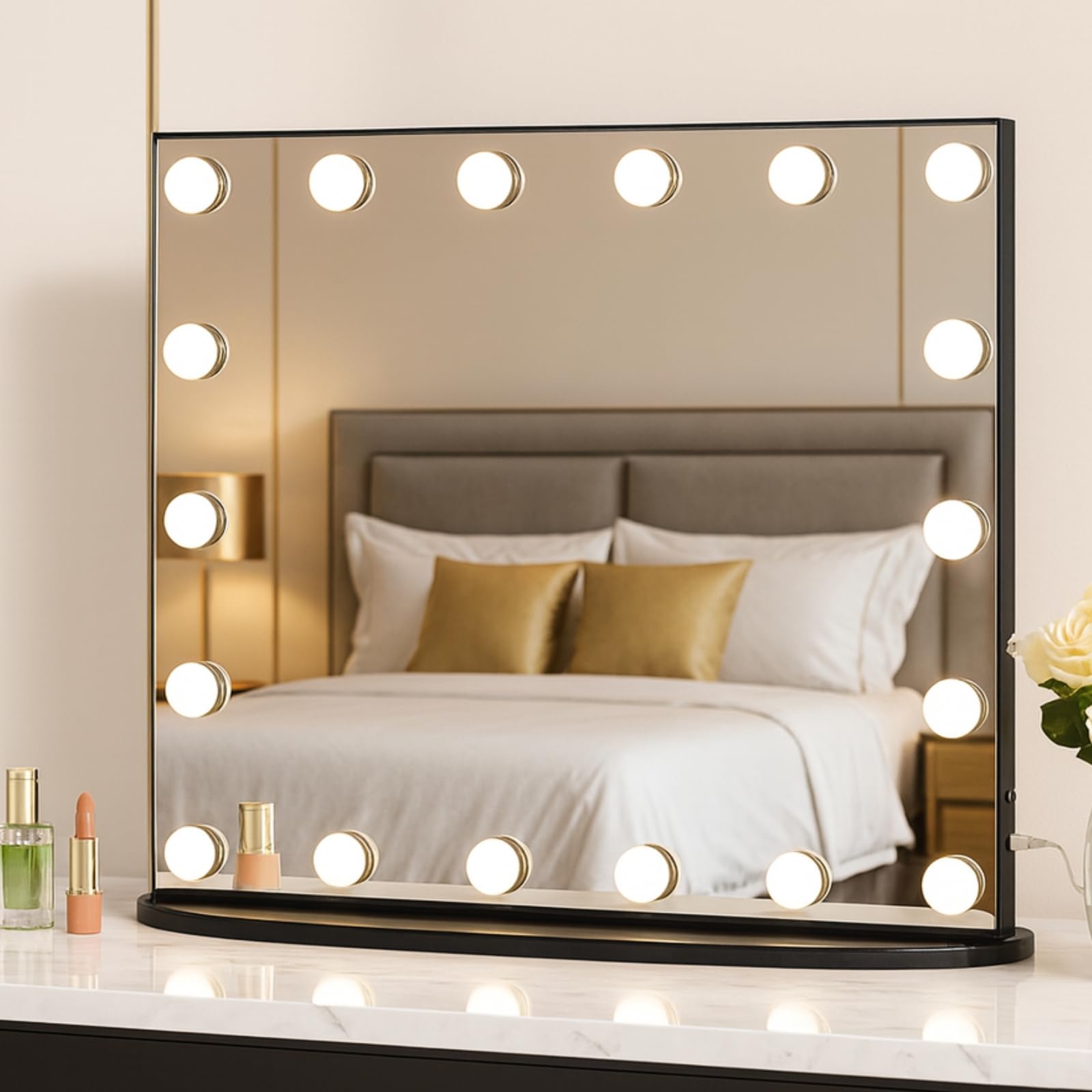 LUXFURNI 23.6" x 20.5" Hollywood Vanity Mirror with Lights, Light Up Makeup Mirror with 18 LED Bulbs for Bedroom, 3 Color Lighting Modes, Tabletop & Wall Mount, Black