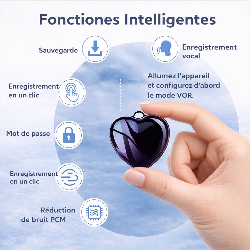 CleverTalk Heart Enregistreur Vocal avec IA | Activation Vocale | App Mobile, Mac, Windows et Web | Cloud Européen RGPD | 64GB | Audio HD 1536kbps | USB-C