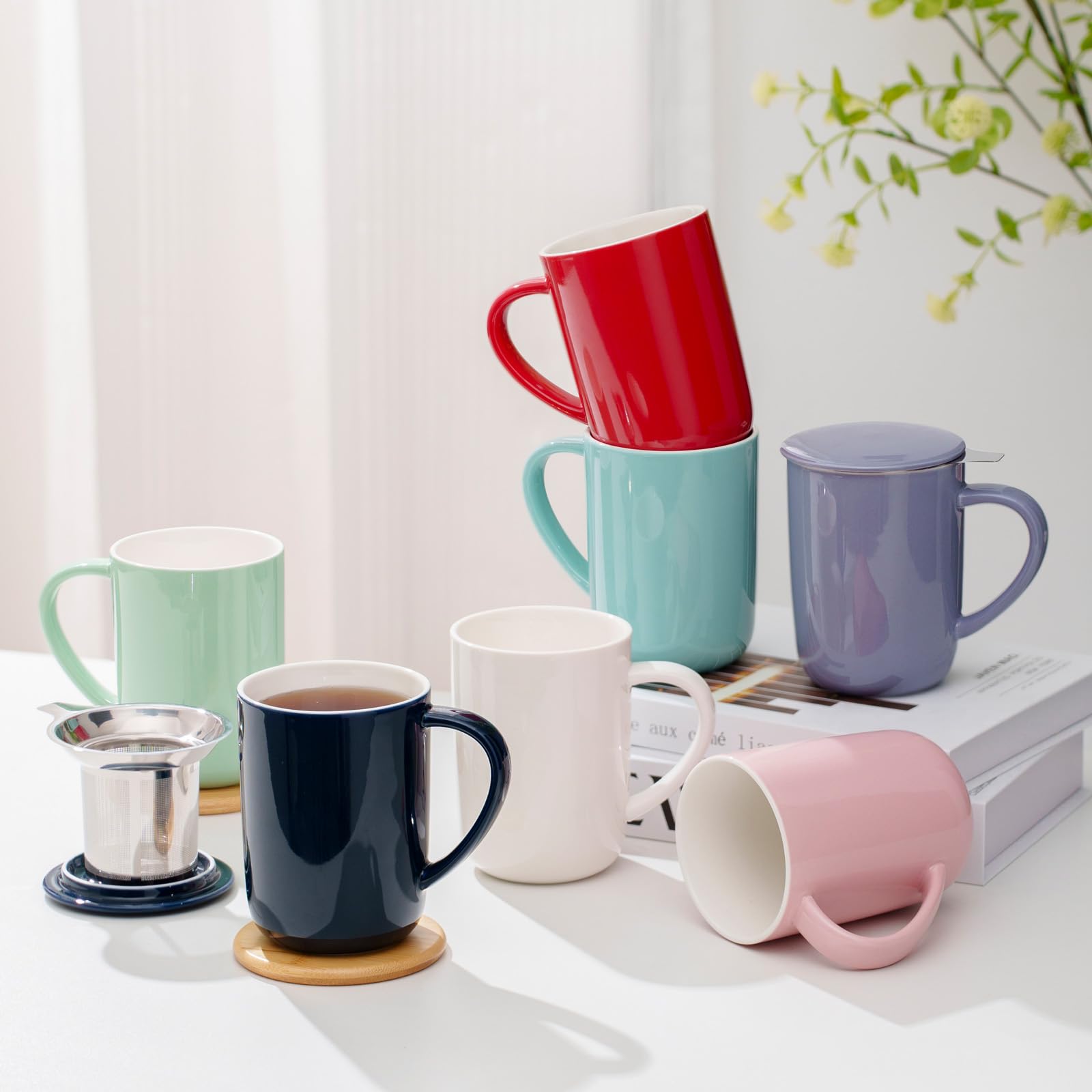 CEEFU Tasse à thé en porcelaine avec infuseur et couvercle, avec filtre et dessous de verre, tasse à thé en vrac, 473 ml, pour thé, café, lait, femme, bureau, maison, cadeau (Vert menthe)