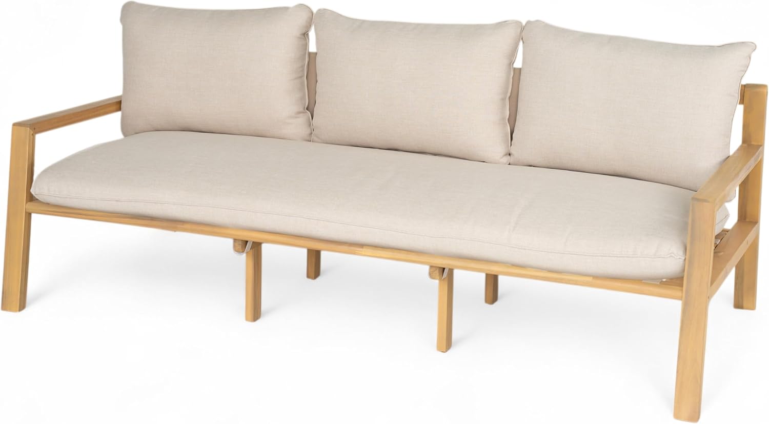 Christopher Knight Home Kaylle Outdoor 3 Seater Sofa with Cushion, Acacia Wood Patio Lounge Sofa with Woven Rope Backrest, Spacious Seating Couch for Backyard Garden Porch, Light Teak + Beige