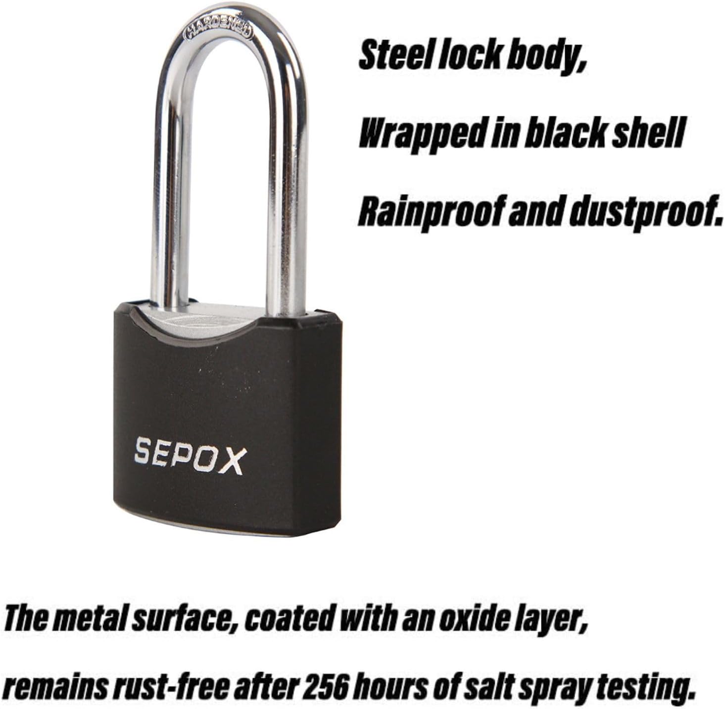 SEPOX® 1-9/16 All-Weather Outdoor Padlocks Keyed Alike, 1-3/4 Long Shackle, Solid Steel Lock, Heavy-Duty with Black Cover, Design for Gate Fence Cabinet Toolbox School Gym Locker with 2pcs Same Key