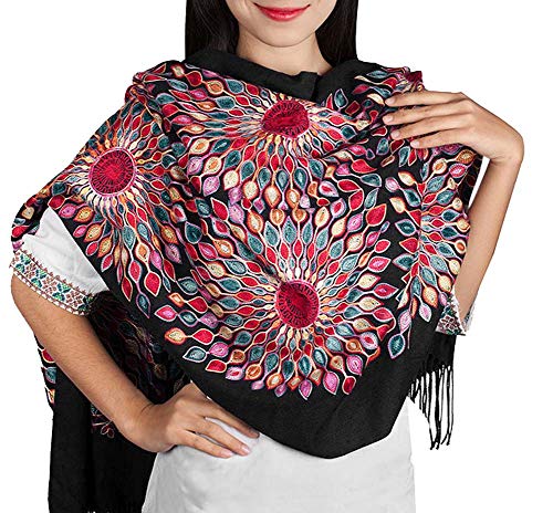 Urban Coco Women's Embroidered Oversize Tassel Shawl Scarf Wraps For Women (Black) #TOP1