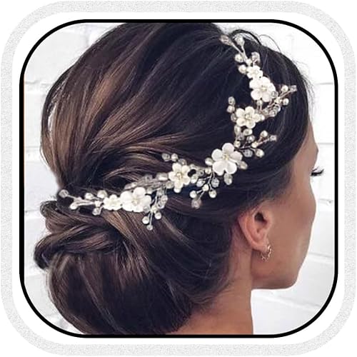 HEREAD Flower Bride Wedding Hair Vine Pearl Bridal Headband Rhinestones Hair Breath Accessories for Women and Girls (A Silver)