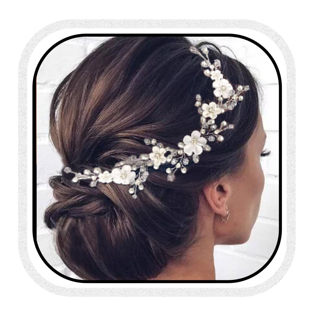 HEREAD Flower Bride Wedding Hair Vine Pearl Bridal Headband Rhinestones Hair Breath Accessories for Women and Girls (A Silver)
