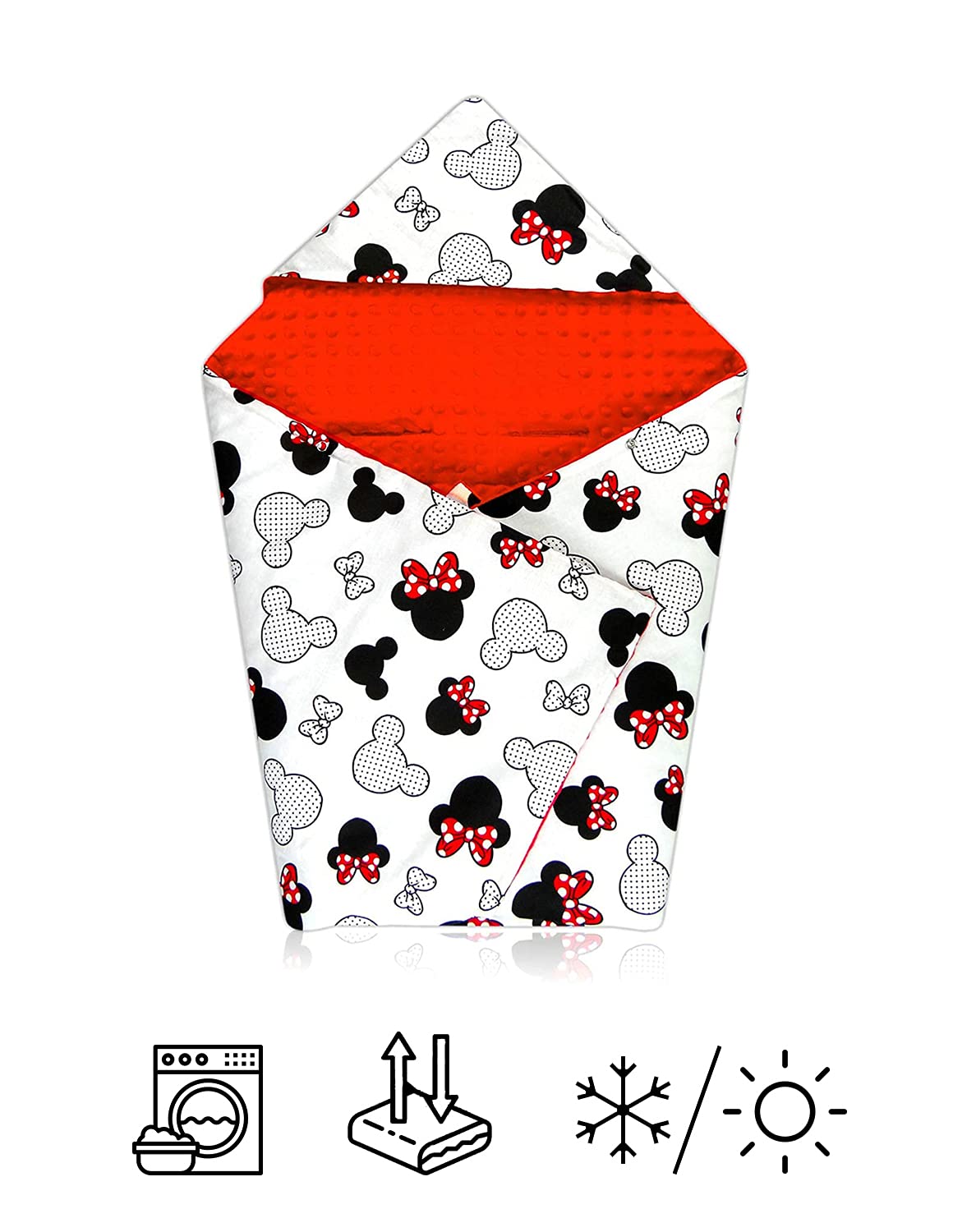 Welt der Träume Couverture double face pour coque bébé, siège auto, poussette, 90 x 90 cm, universelle (par exemple Maxi-Cosi/Cybex/Römer) (couverture auto – Miki blanc/minky rouge)