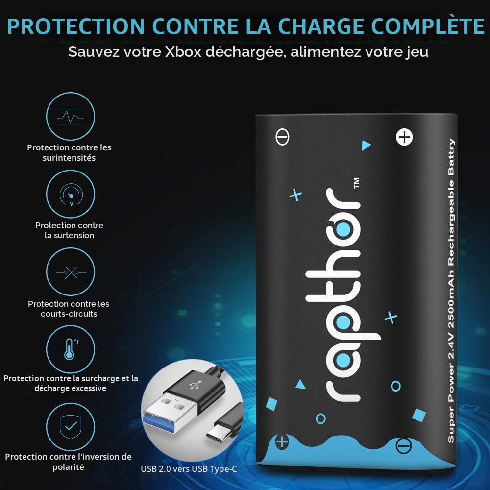 rapthor Batteries de Manette pour Xbox One/Xbox Series X/Xbox One S/Xbox One X/Xbox One Elite, 2 Piles Rechargeables de 2 500 mAh